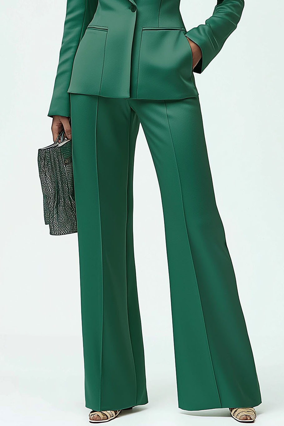 Work Formal Pants Suit Green Satin Long Sleeve Pockets Blazer Set