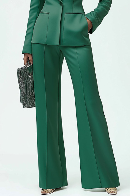 Work Formal Pants Suit Green Satin Long Sleeve Pockets Blazer Set