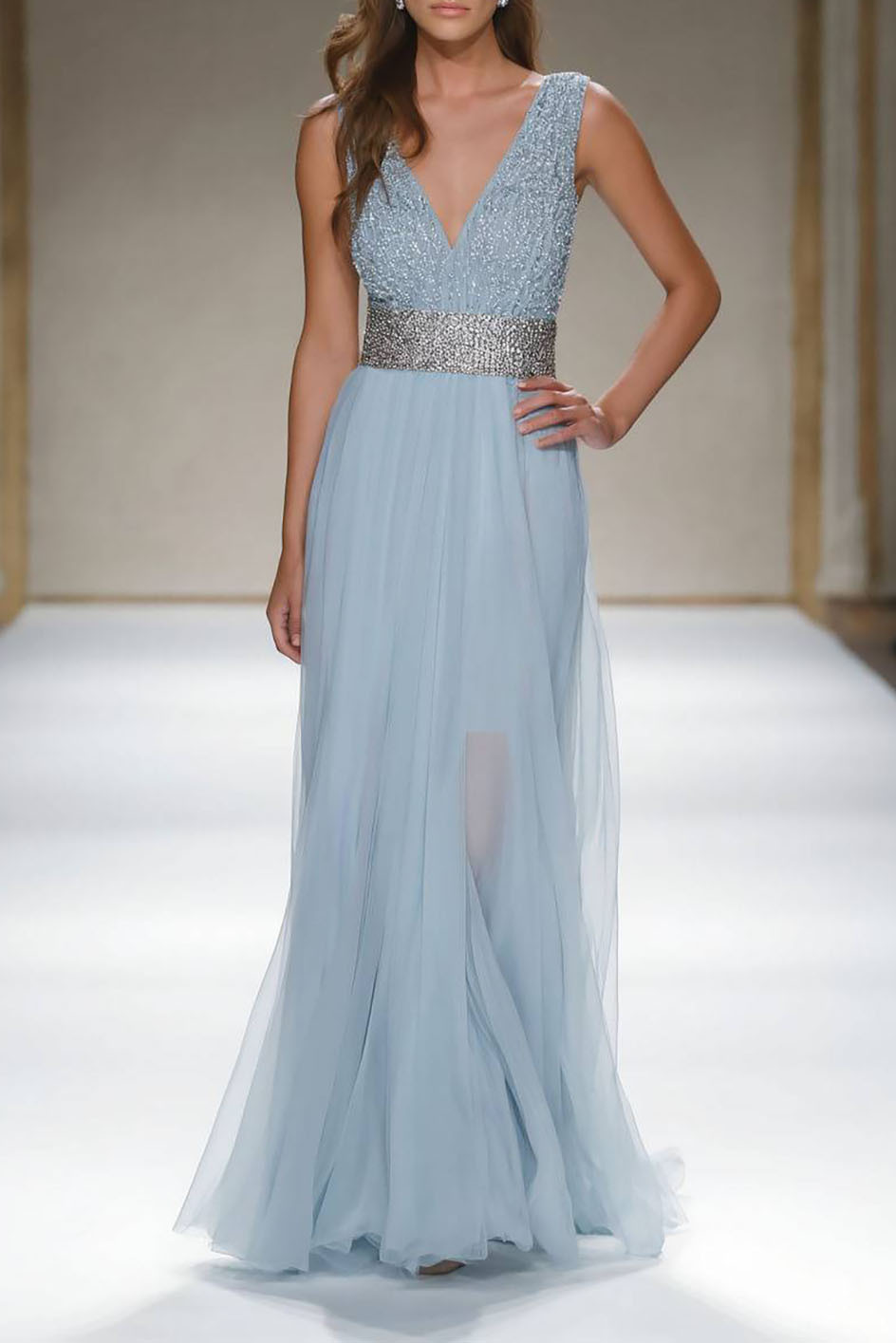 Evening Formal Dress Light Blue V Neck Sleeveless Floor-Length Gown