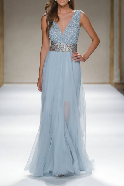 Evening Formal Dress Light Blue V Neck Sleeveless Floor-Length Gown