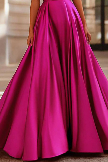 Formal Evening Dress Fuchsia Satin Spaghetti Strap V Neck Maxi Gown