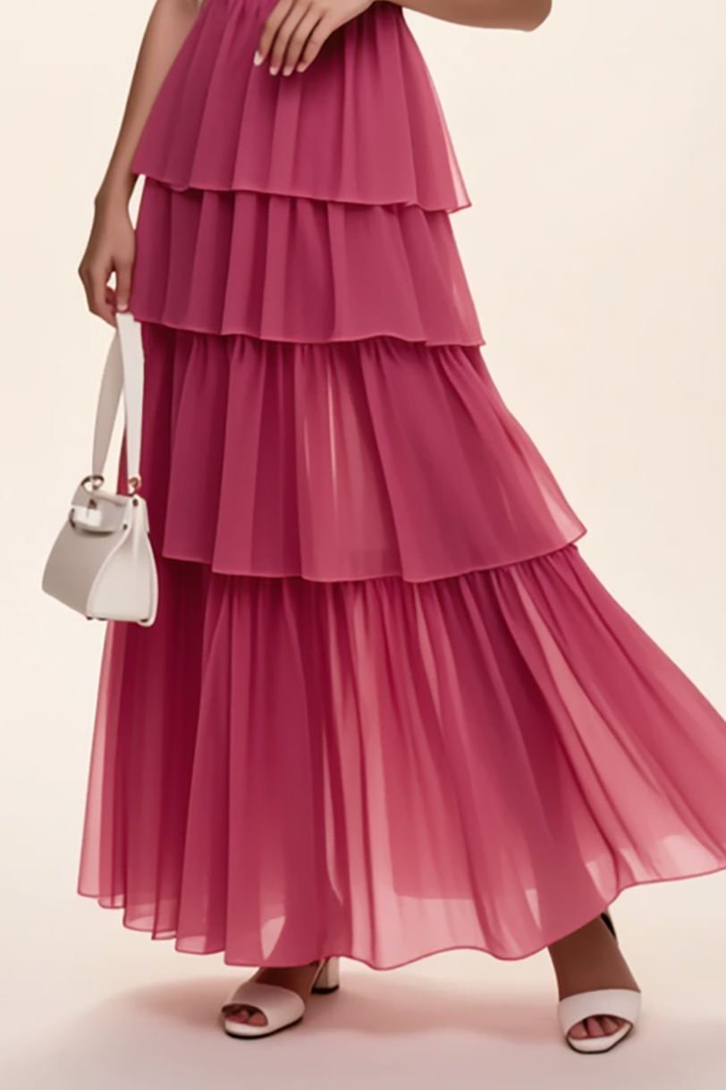 Vacation Party Tiered Dress Rose Red V Neck Chiffon Maxi Dress