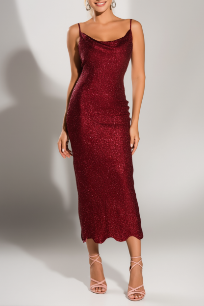 Cocktail Party Dress Red Spaghetti Strap Cowl Neck Stretchy Midi Dress