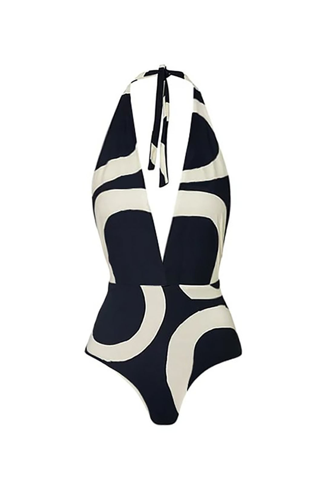 Black White Halter Neck Tie Deep V One-Piece Swimsuit and Cover-Up Dress