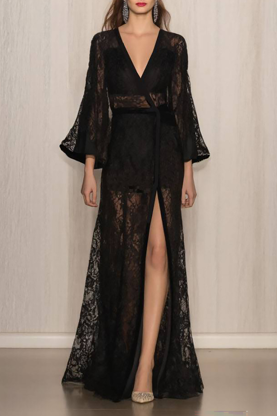 Semi-Formal Party Dress Black Lace Cover-Up Cross Neck Floor-Length Dr