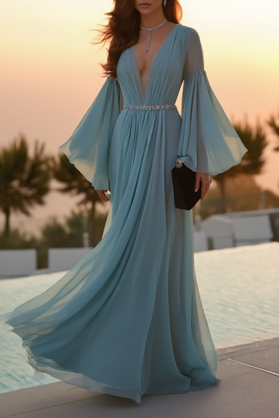 Evening Formal Dress Light Blue Bell Sleeve Chiffon Floor-Length Gown