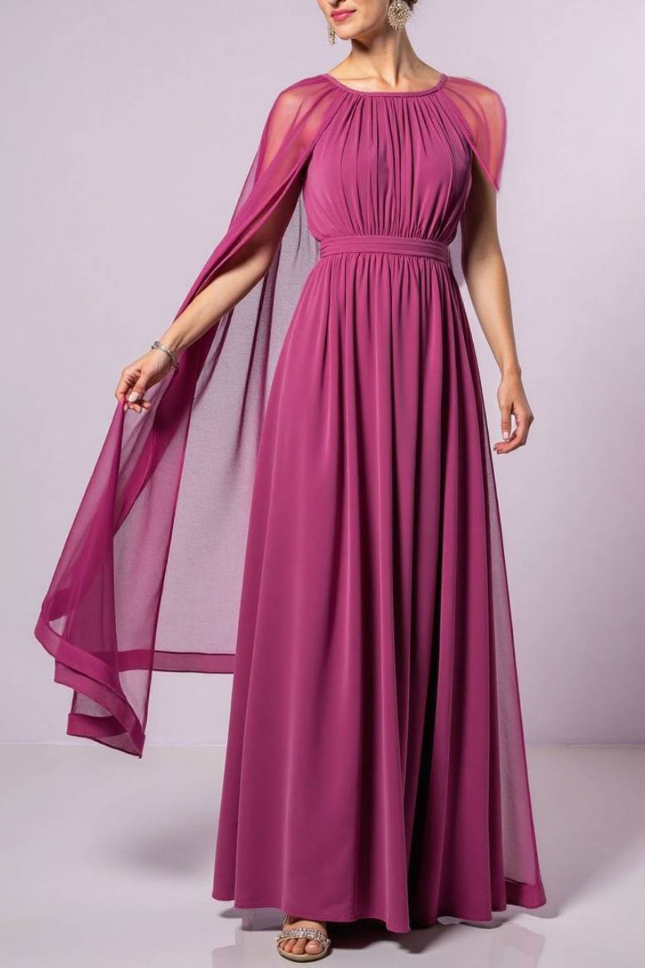 Formal Evening Party Dress Fuchsia Crew Neck Chiffon Swing Maxi Dress