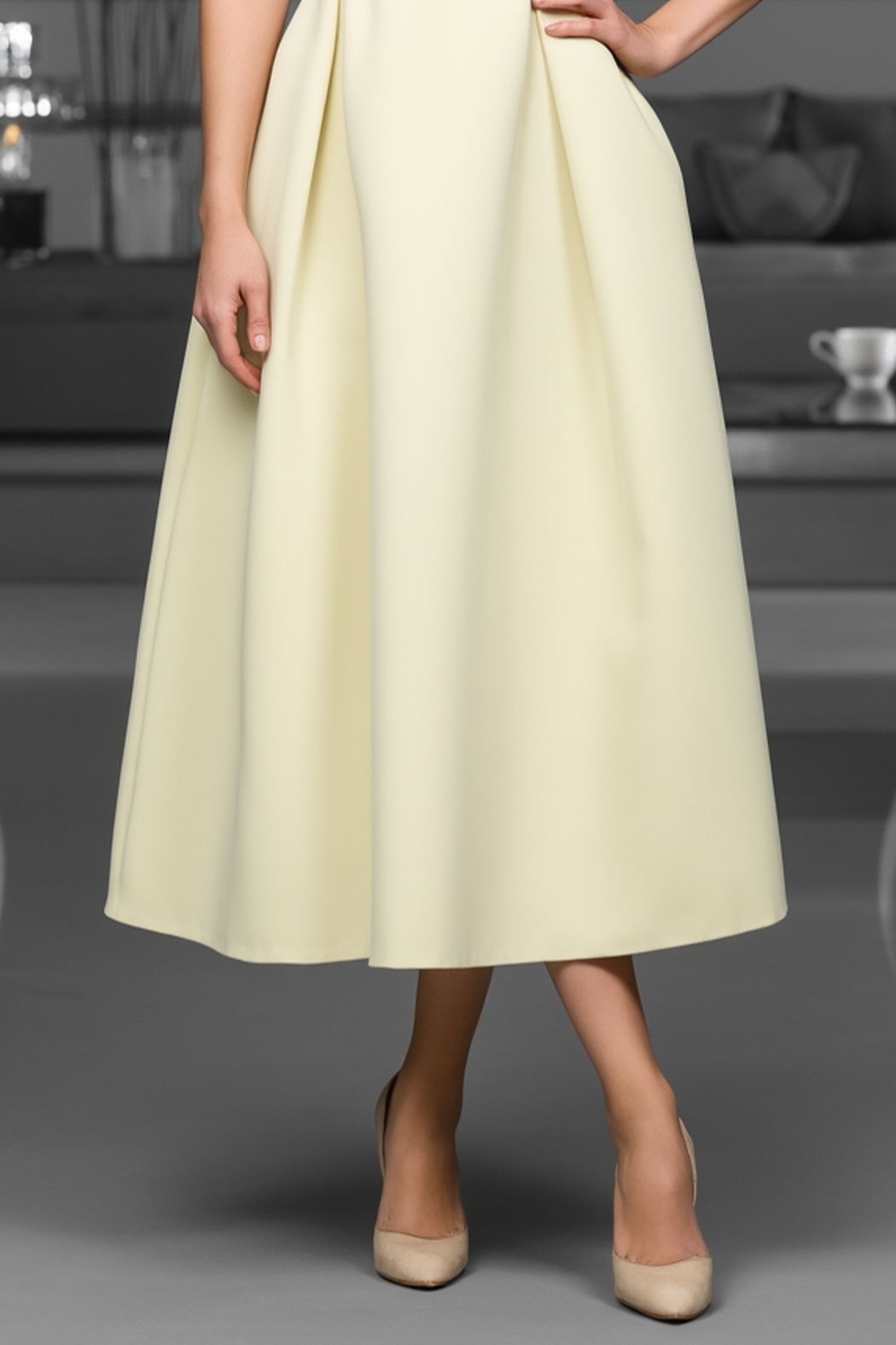 Semi-Formal Party Dress Yellow Sleeveless Stand Neck A-Line Midi Dress