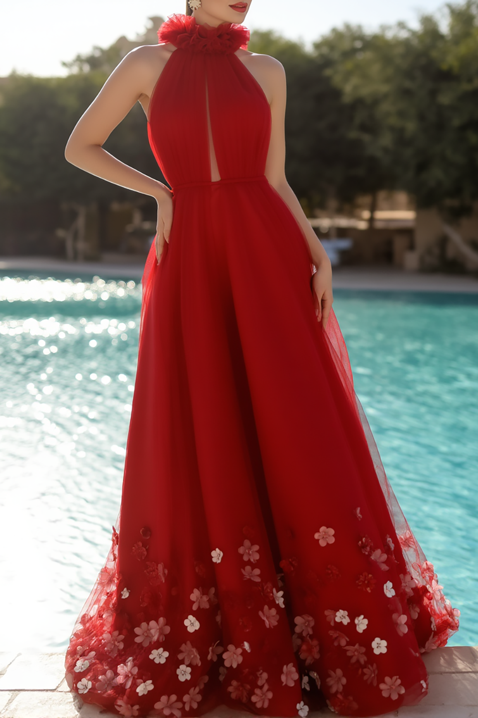 Evening Formal Halter Dress Red Tulle Floral Floor-Length Gown