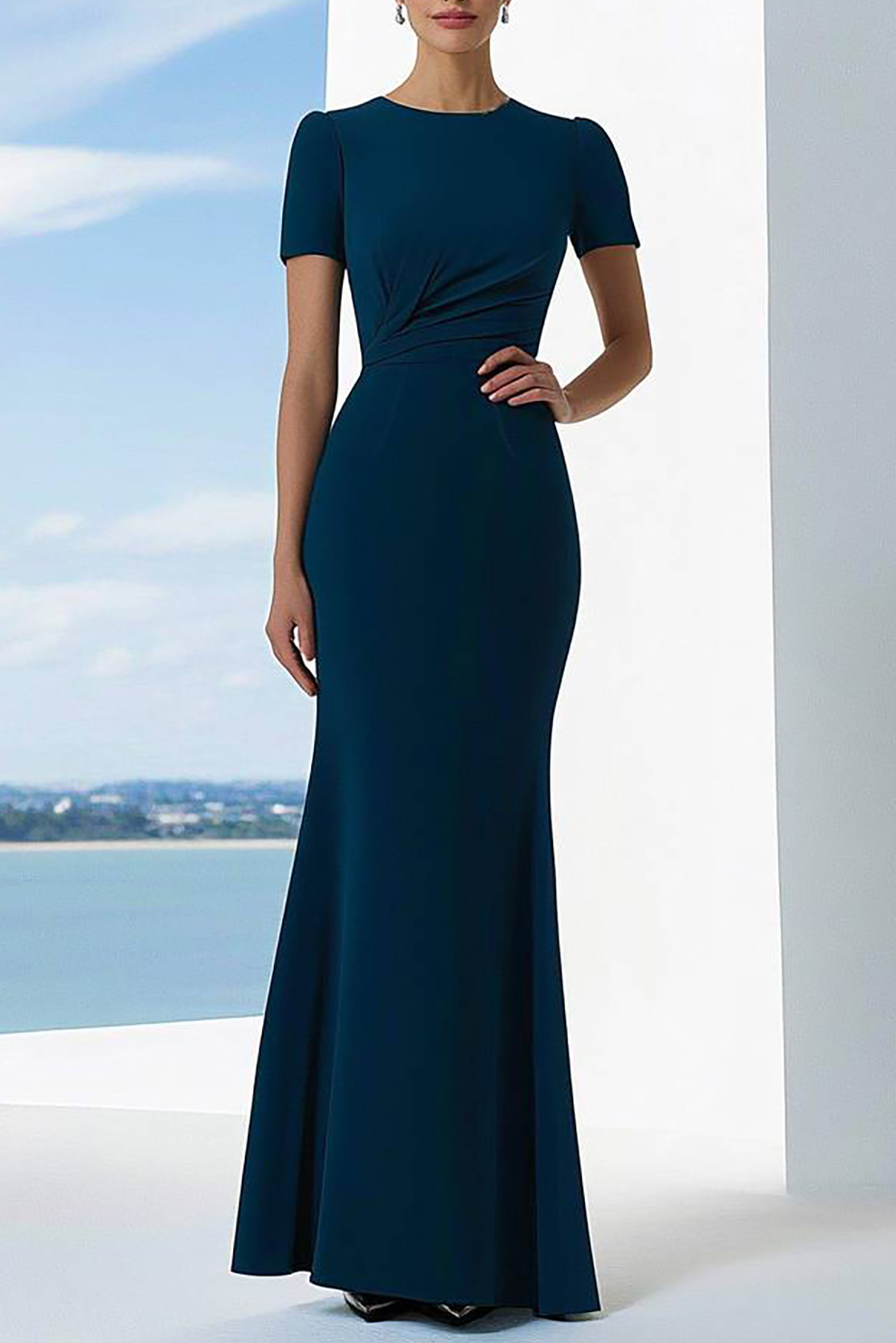 Formal Evening Dress Navy Crew Neck Mermaid Maxi Dress