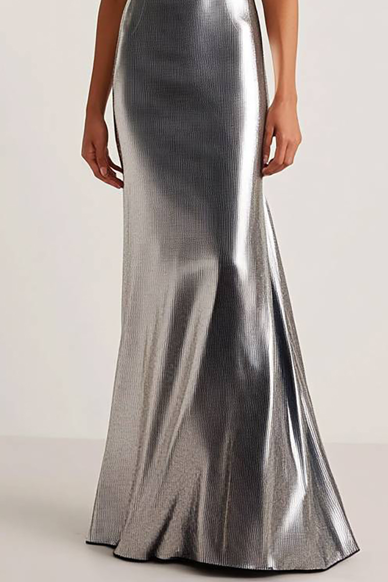 Party Halter Dress Silver Metallic Floor-Length Gown