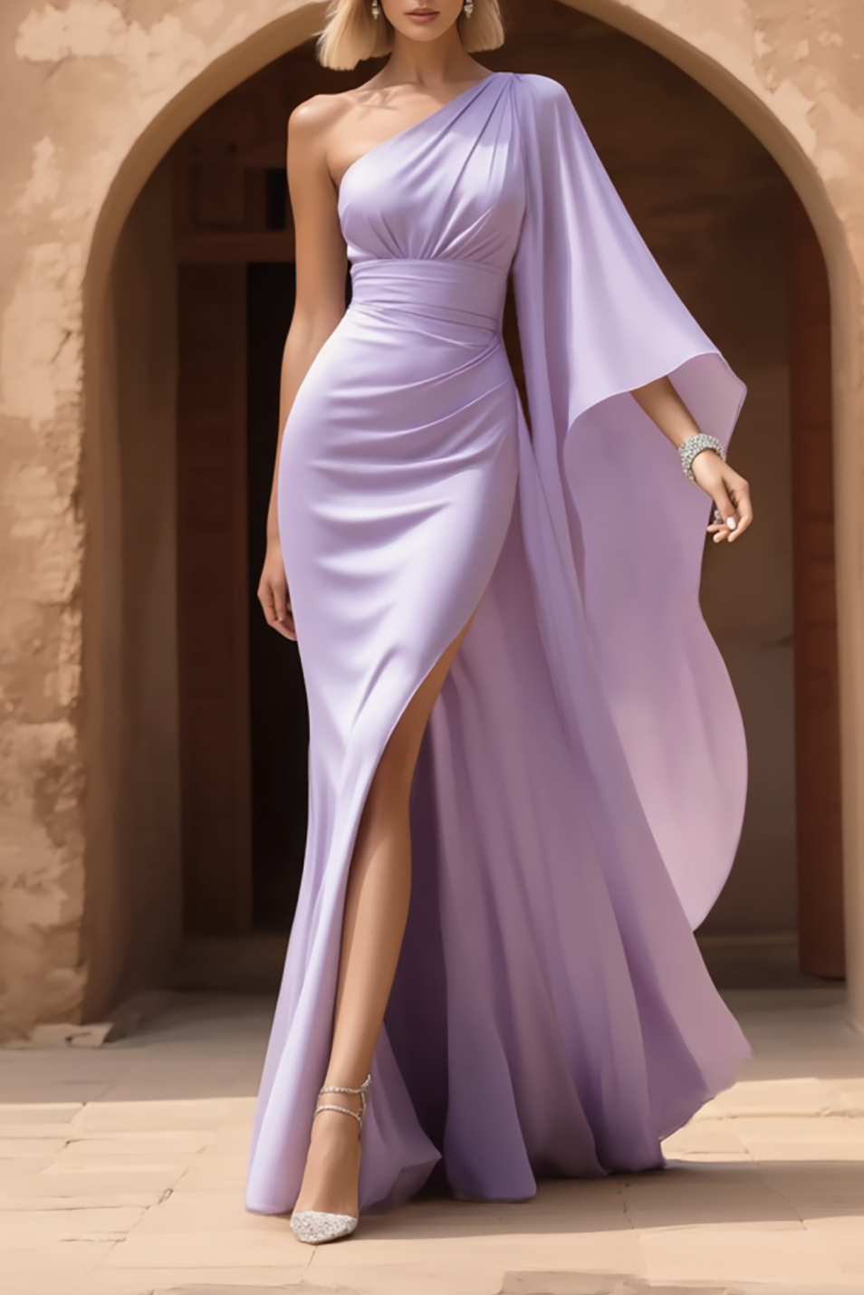 Formal Evening Dress Purple One Shoulder Flowing Floor-Length Gown