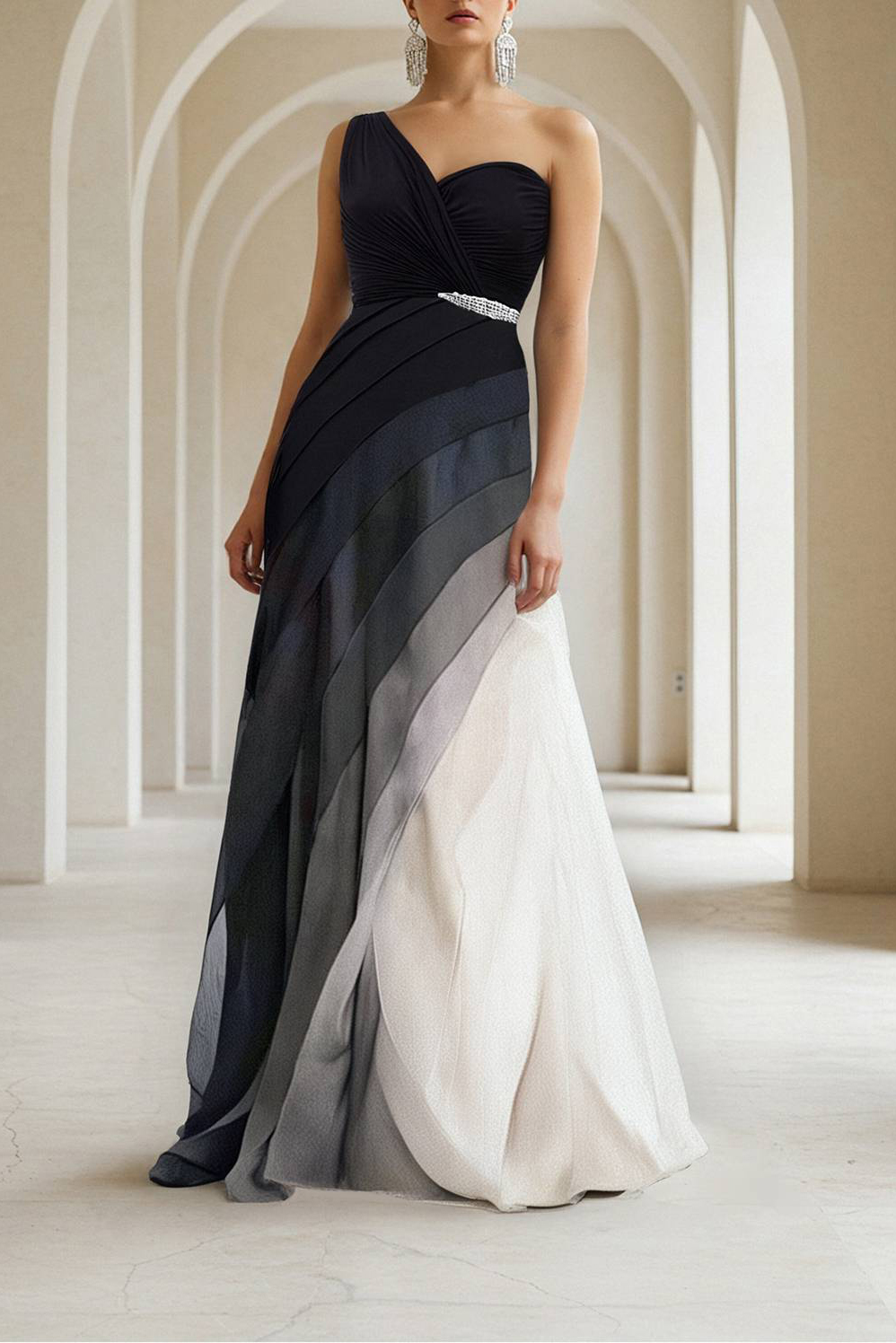 Formal Evening Dress Black White Ombre Floor-Length Gown