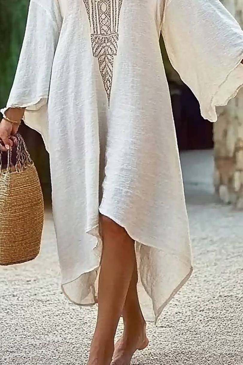 Bohemian Loose Dress Ivory V-Neck Linen Midi Dress
