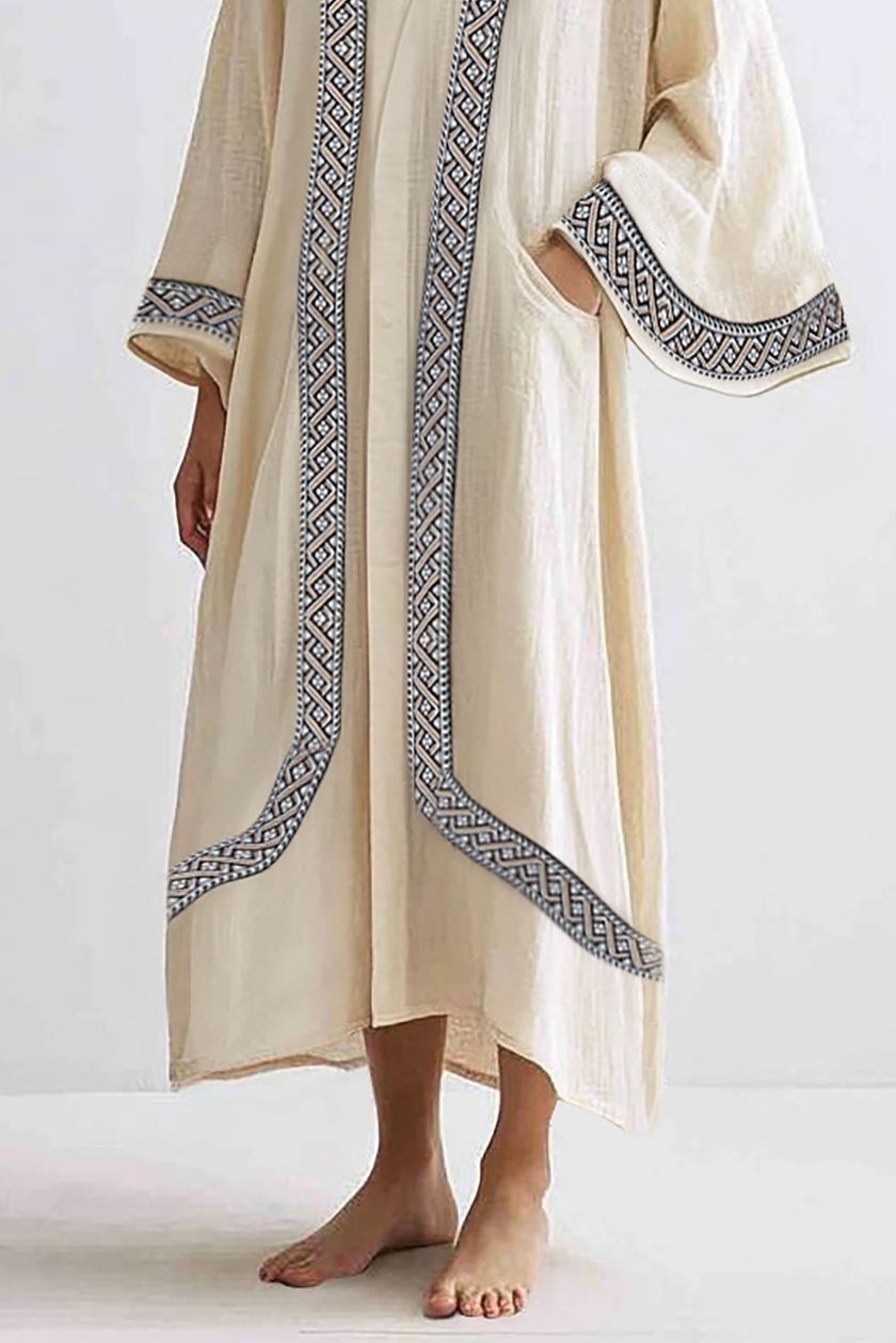 Bohemian Vacation Dress Linen Beige Loose Ethnic Style Maxi Dress