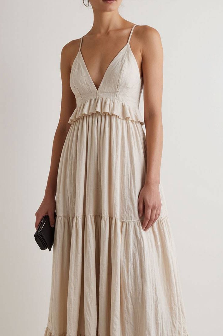 Vacation Spaghetti Strap Dress Beige V-Neck Ruffled Floor-Length Dress