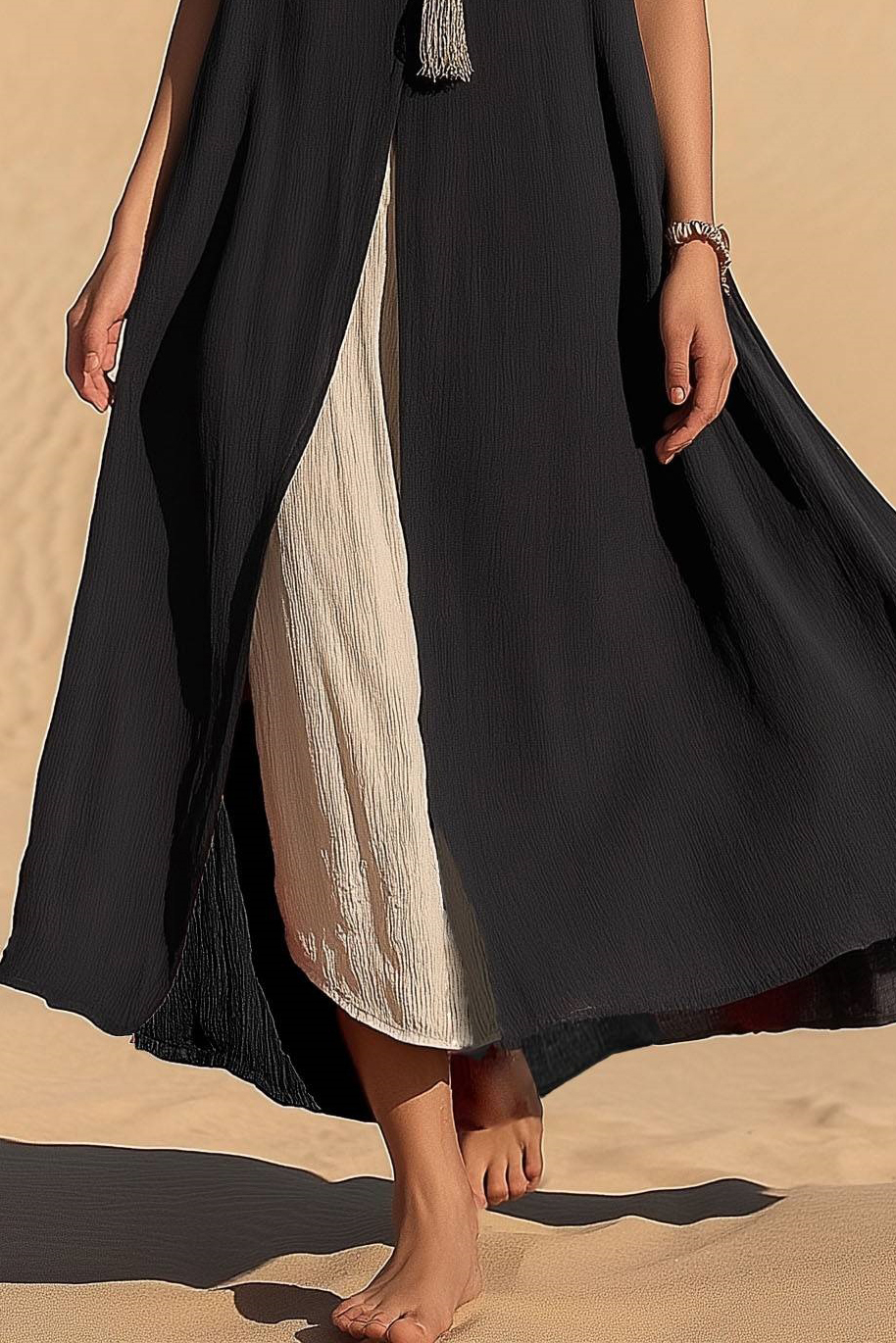 Casual Vacation Dress Sleeveless V-Neck Black Beige Slit Midi Dress