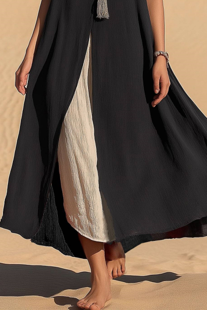 Casual Vacation Dress Sleeveless V-Neck Black Beige Slit Midi Dress