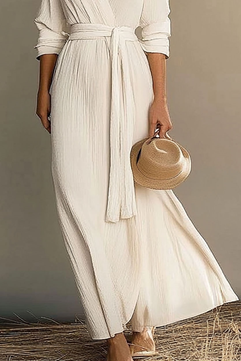 Casual Vacation Linen Dress White Long Sleeve Tie Waist Maxi Dress