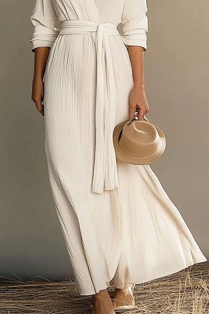 Casual Vacation Linen Dress White Long Sleeve Tie Waist Maxi Dress