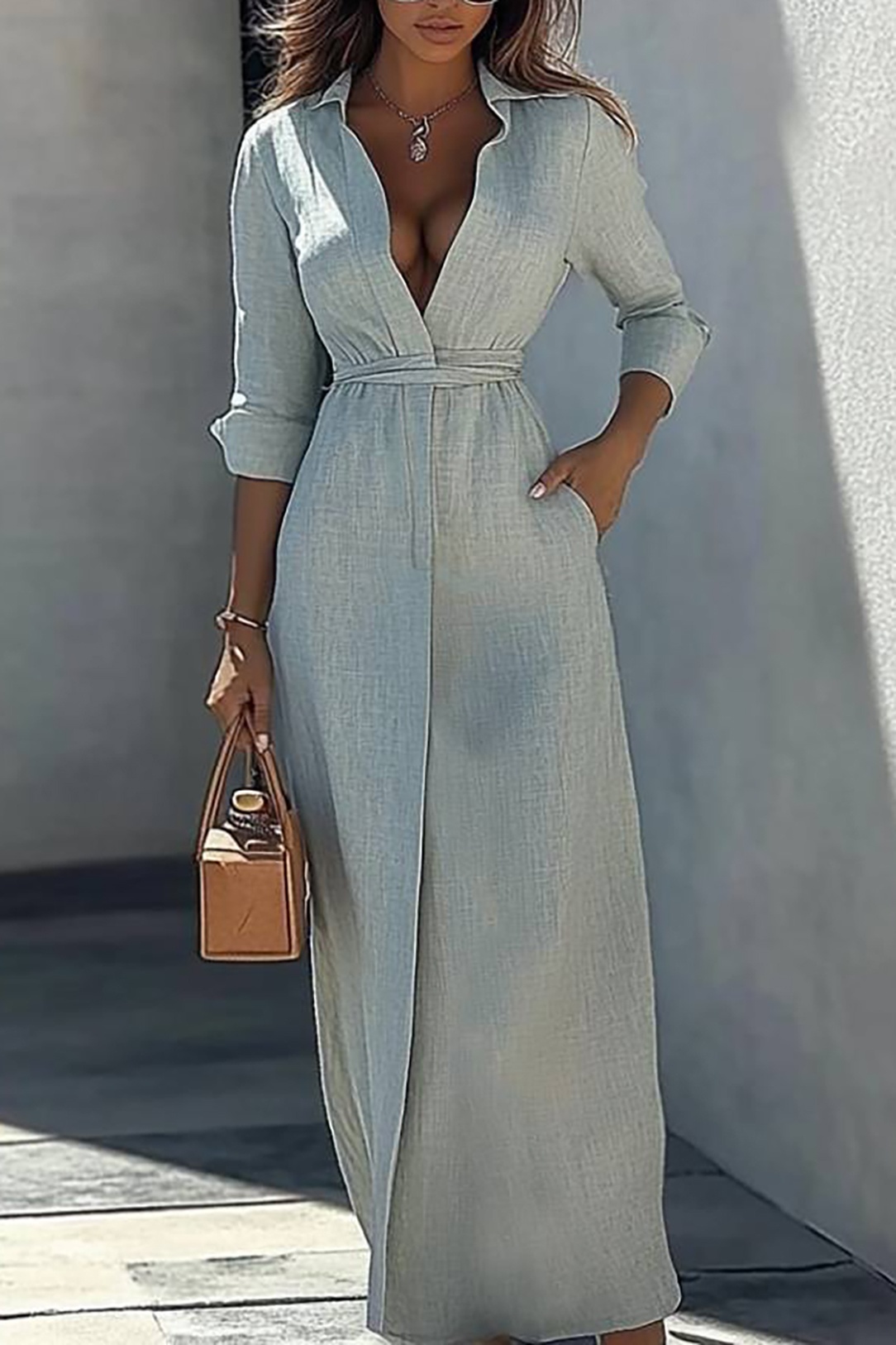 Vacation Casual Linen Dress Light Blue Long Sleeve Pocket Maxi Dress
