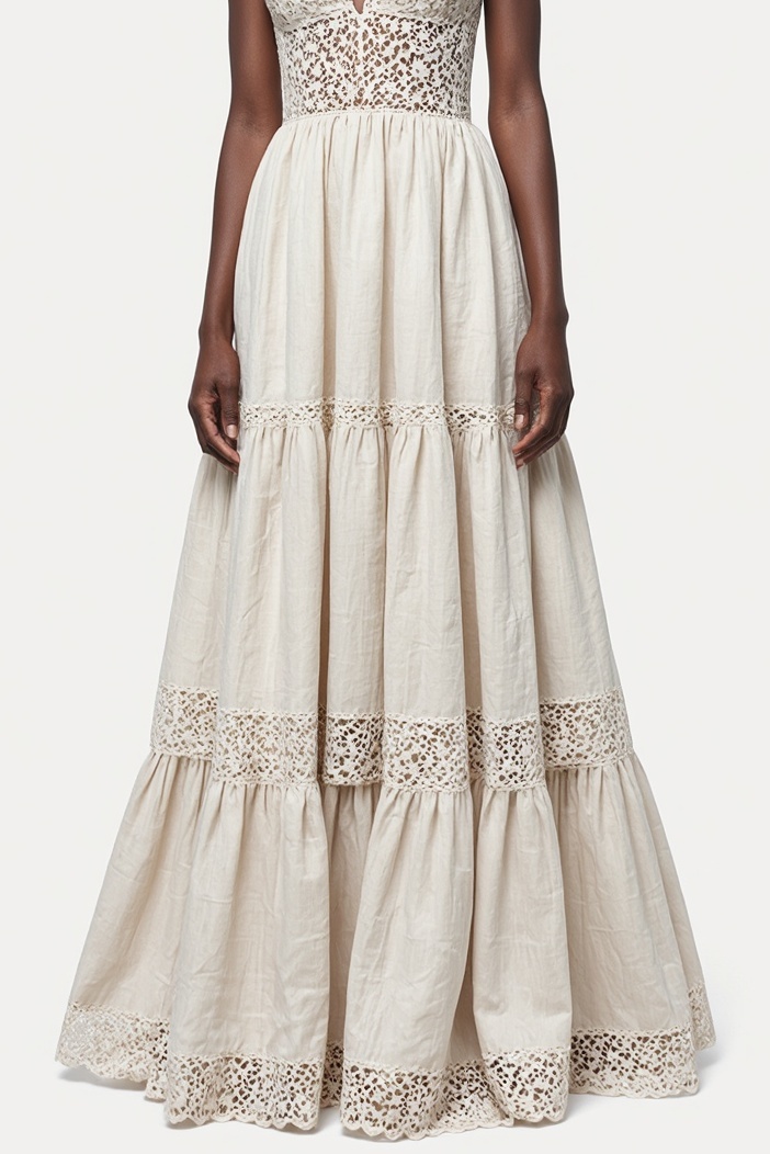 Bohemian Strap Dress Beige Lace V-Neck Linen Maxi Dress