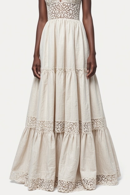 Bohemian Strap Dress Beige Lace V-Neck Linen Maxi Dress