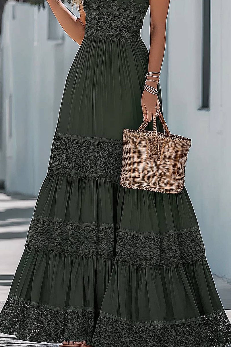 Bohemian Vintage Dress Green Spaghetti Strap Floor-Length Dress