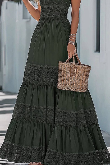 Bohemian Vintage Dress Green Spaghetti Strap Floor-Length Dress