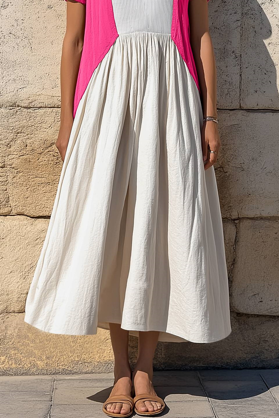 Vacation Casual Dress Linen Pink White Colorblock Crew Neck Midi Dress