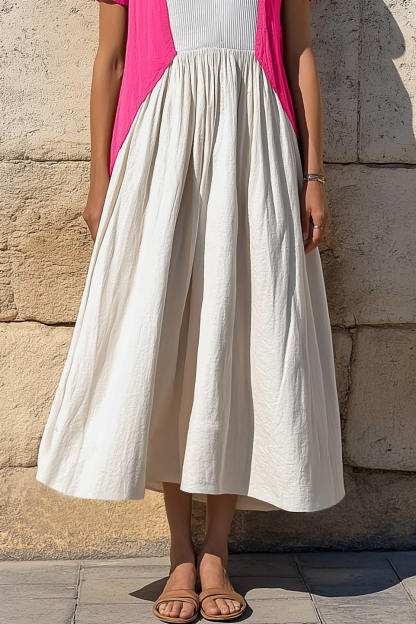Vacation Casual Dress Linen Pink White Colorblock Crew Neck Midi Dress