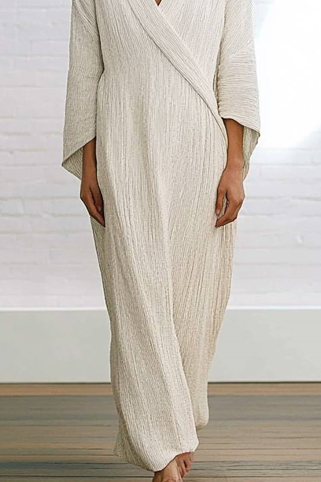 Casual Linen Dress Ivory White Cross-Neck Loose Maxi Dresss