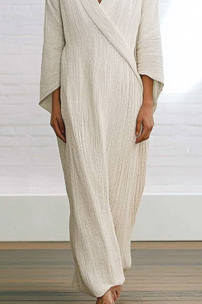 Casual Linen Dress Ivory White Cross-Neck Loose Maxi Dresss