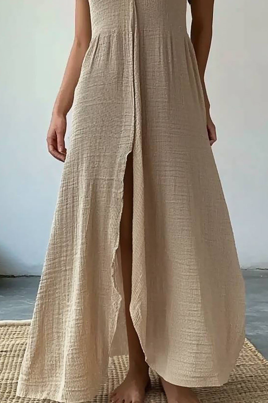 Vacation Linen Dress Light Brown Lapel Split Maxi Dress