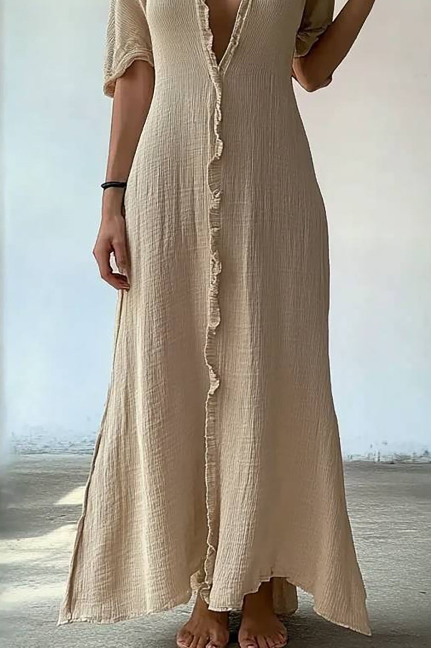 Casual Vacation Linen Dress Light Brown Deep V Ruffle Edge Maxi Dress