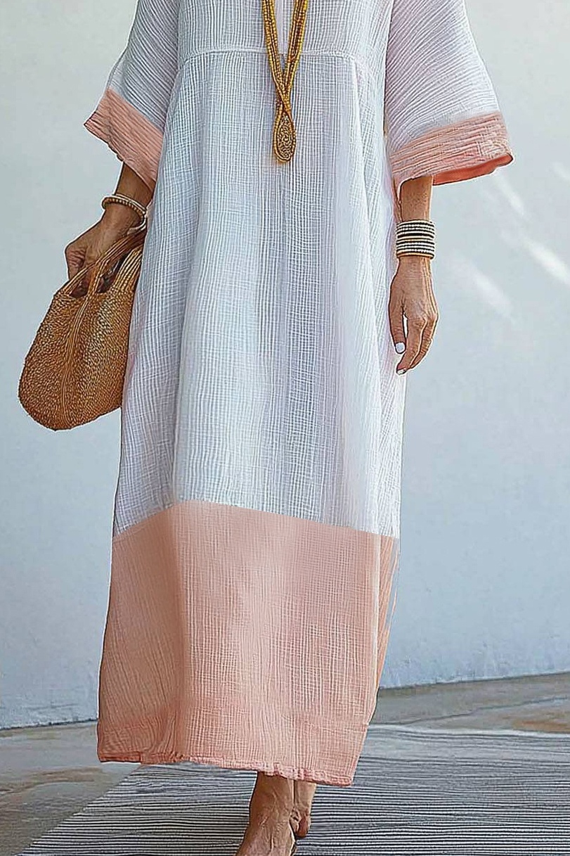 Bohemian Casual Dress Linen Colorblock V-Neck Maxi Dress