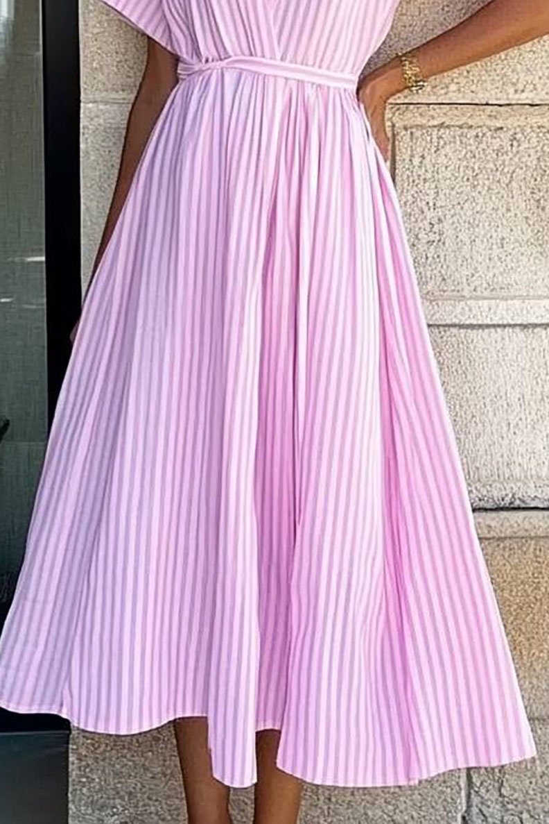 Casual Daily Dress Pink Striped Deep V Loose Midi Dress