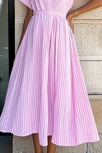 Casual Daily Dress Pink Striped Deep V Loose Midi Dress