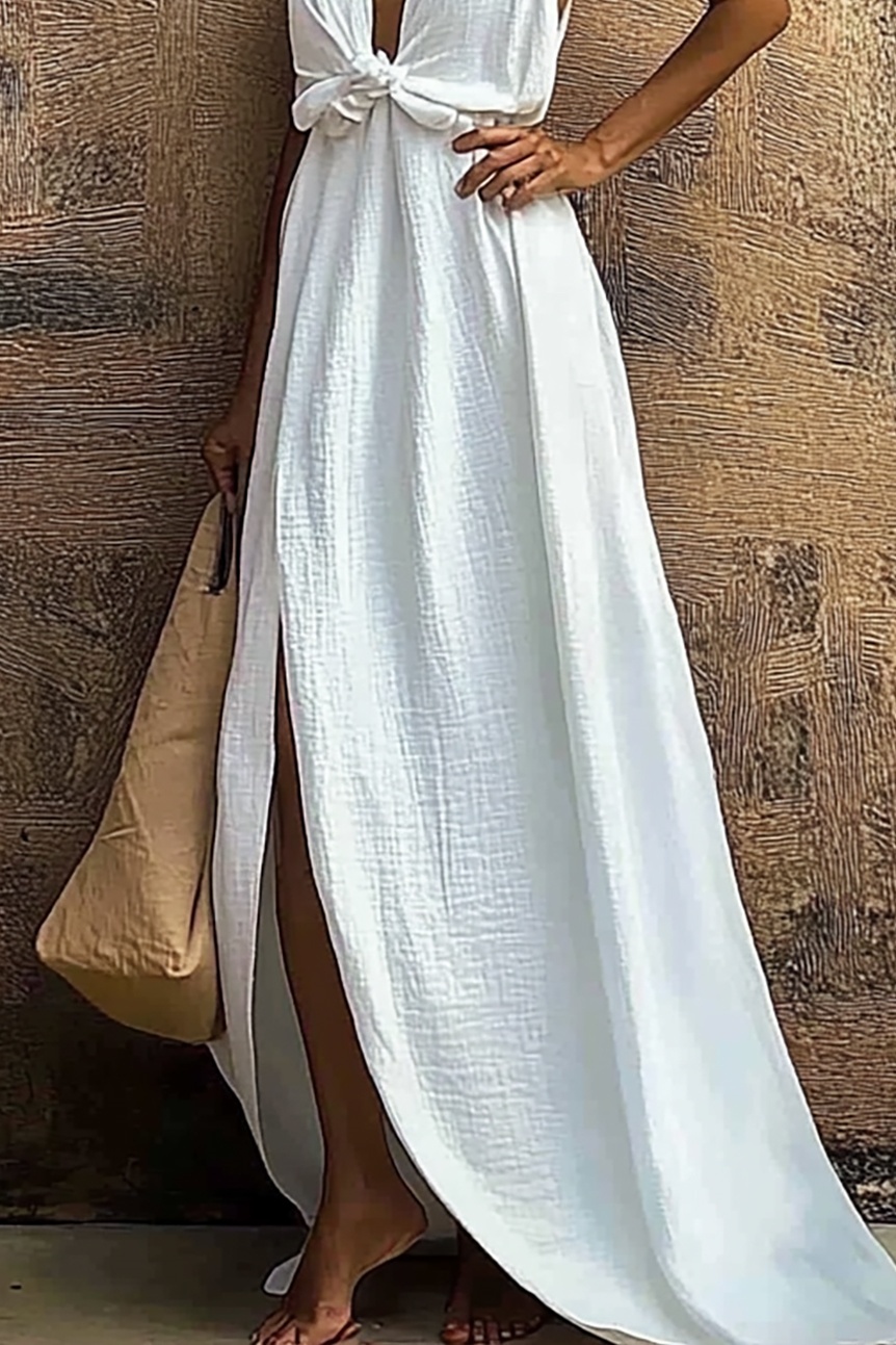 Beach Vacation Dress White Linen Deep V Sleeveless Side Slit Train Dress