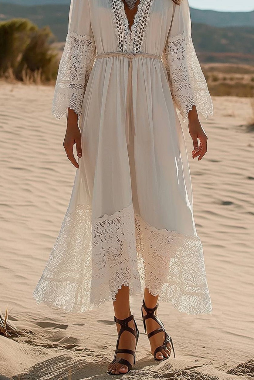 Casual Vacation Dress White Lace Deep V Tie Midi Dress