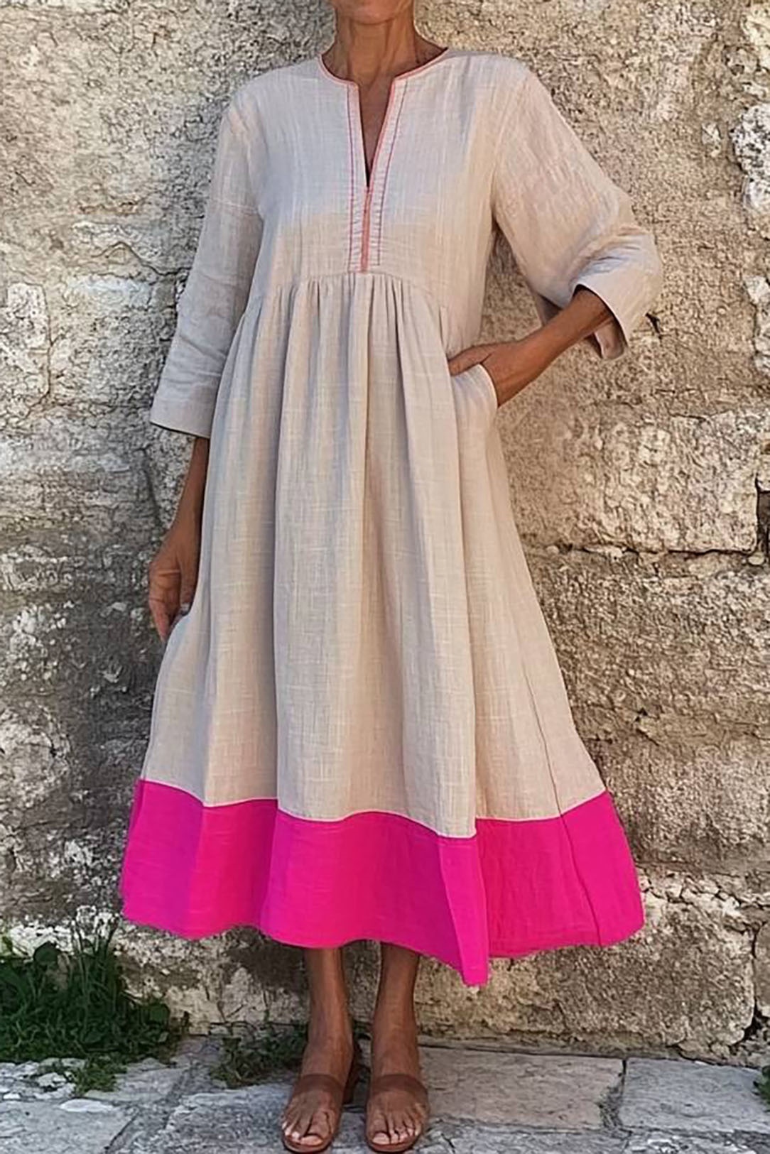 Bohemian Linen Dress Colorblock V-Neck Pocketed Midi Dress