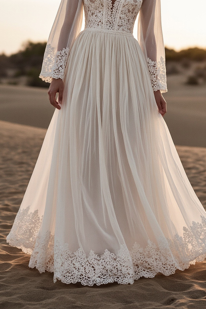 Bohemian Lace Dress White Deep V Floor-Length Dress