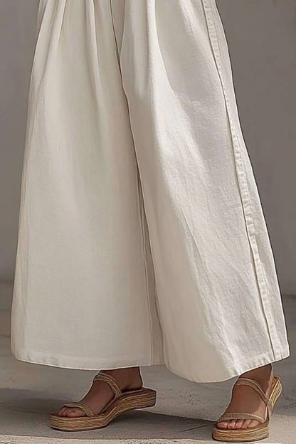 Casual Daily Pants White Elastic Waist Pockets Wide-Legged Long Pants