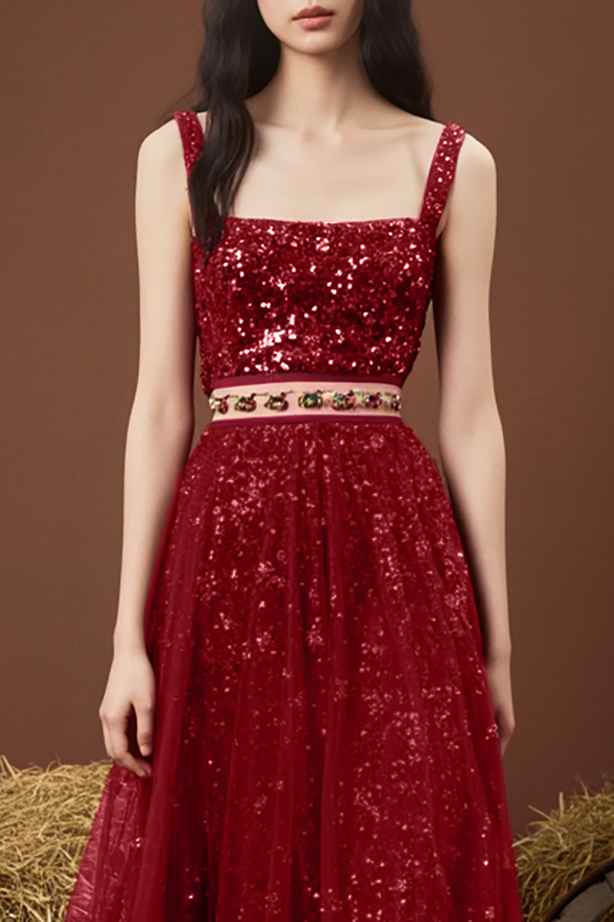 Evening Sequin Dress Red Spaghetti Straps Mesh Floor-Length Gown