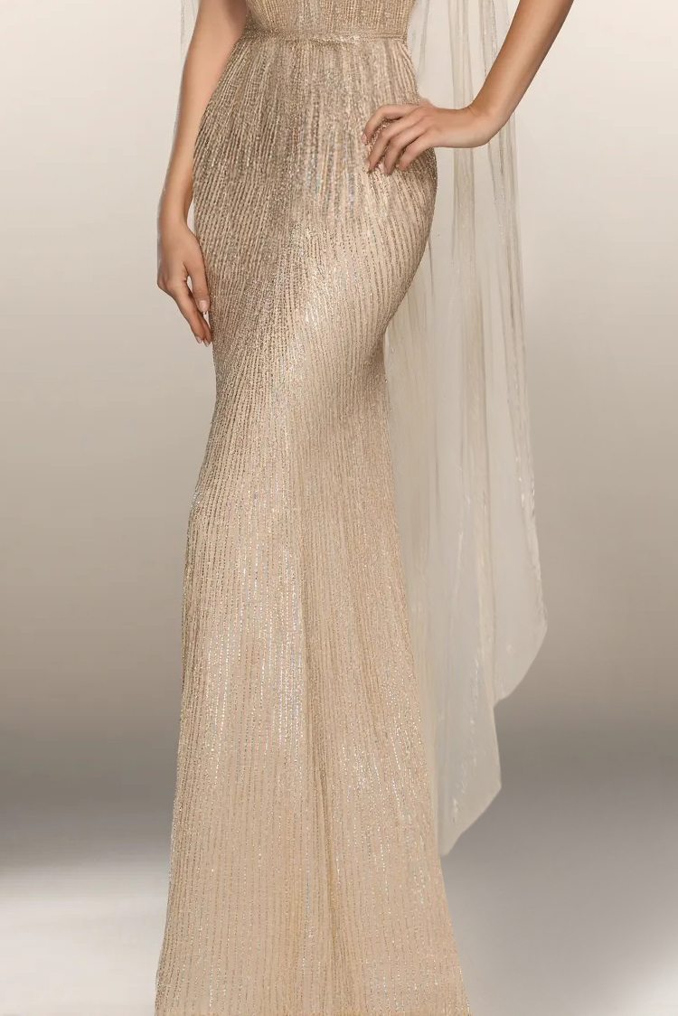 Formal Evening Gown Gold Deep V Tulle Bodycon Floor-Length Dress