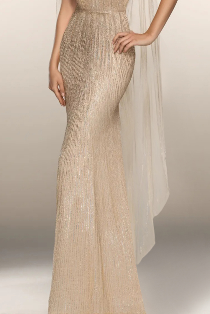 Formal Evening Gown Gold Deep V Tulle Bodycon Floor-Length Dress