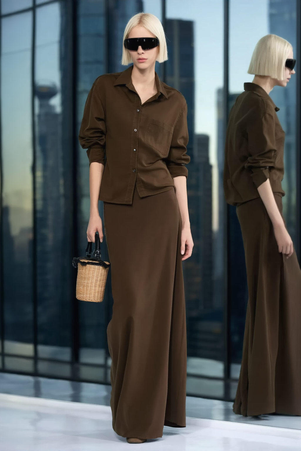 Casual Set Coffee Shirt Collar Floor-Length Skirt Two-Piece Set