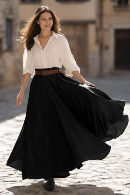 Casual Swing Shirt Skirt Set​​ Black White Lapel Floor-Length