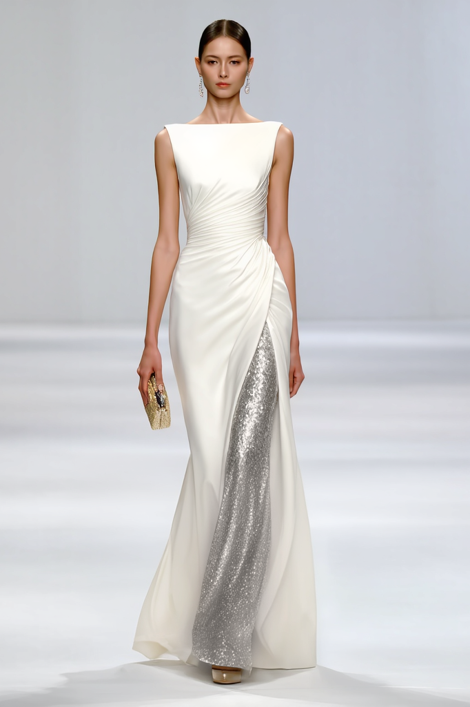 Formal Sequin Dress​​ White Crew Neck Floor-Length Dress