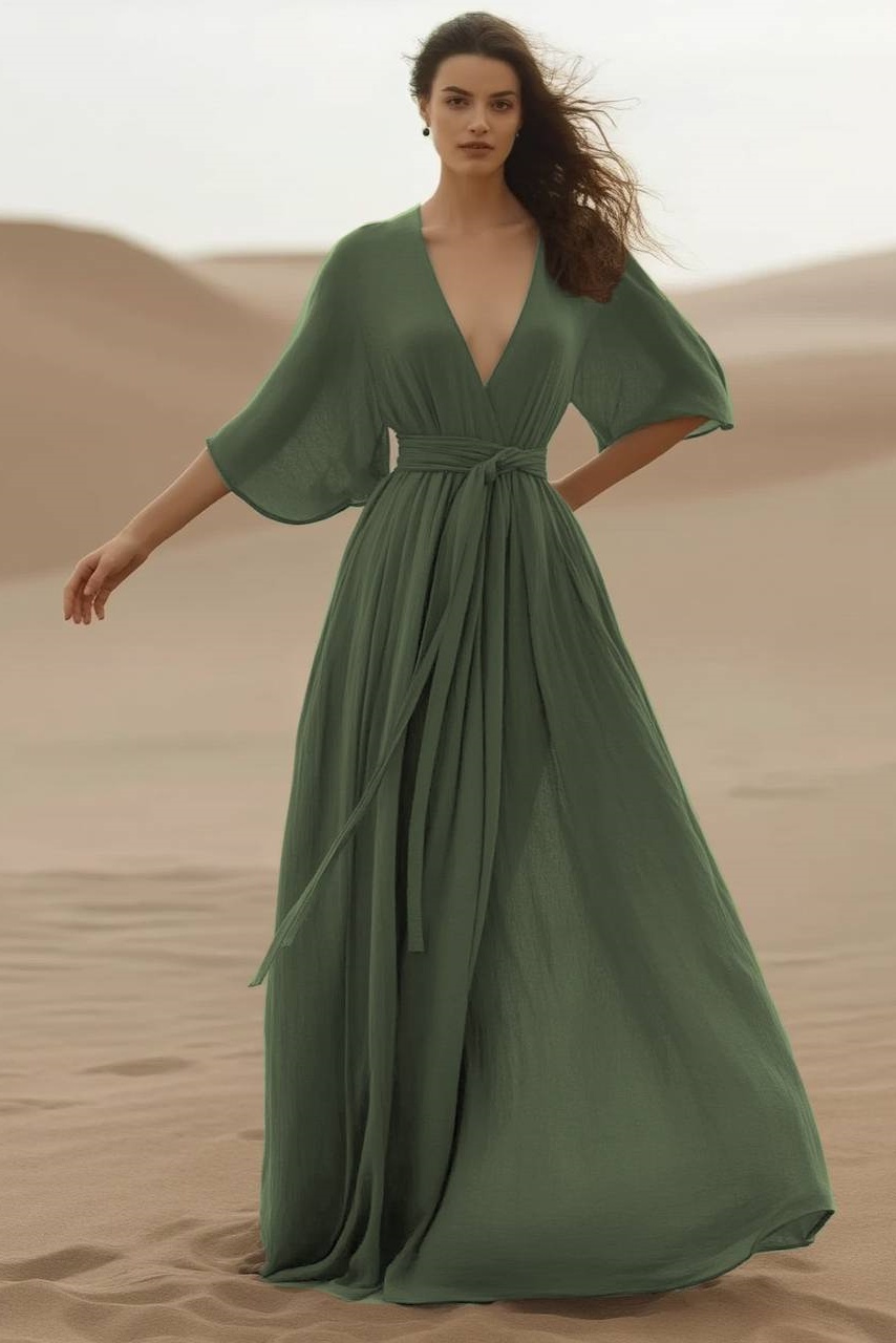 Bohemian Swing Dress Green Deep V Floor-Length Dress